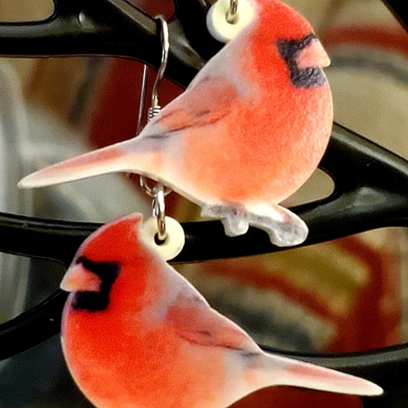 Acrylic red cardinal flat, smooth earrings. - Picture 4 of 5